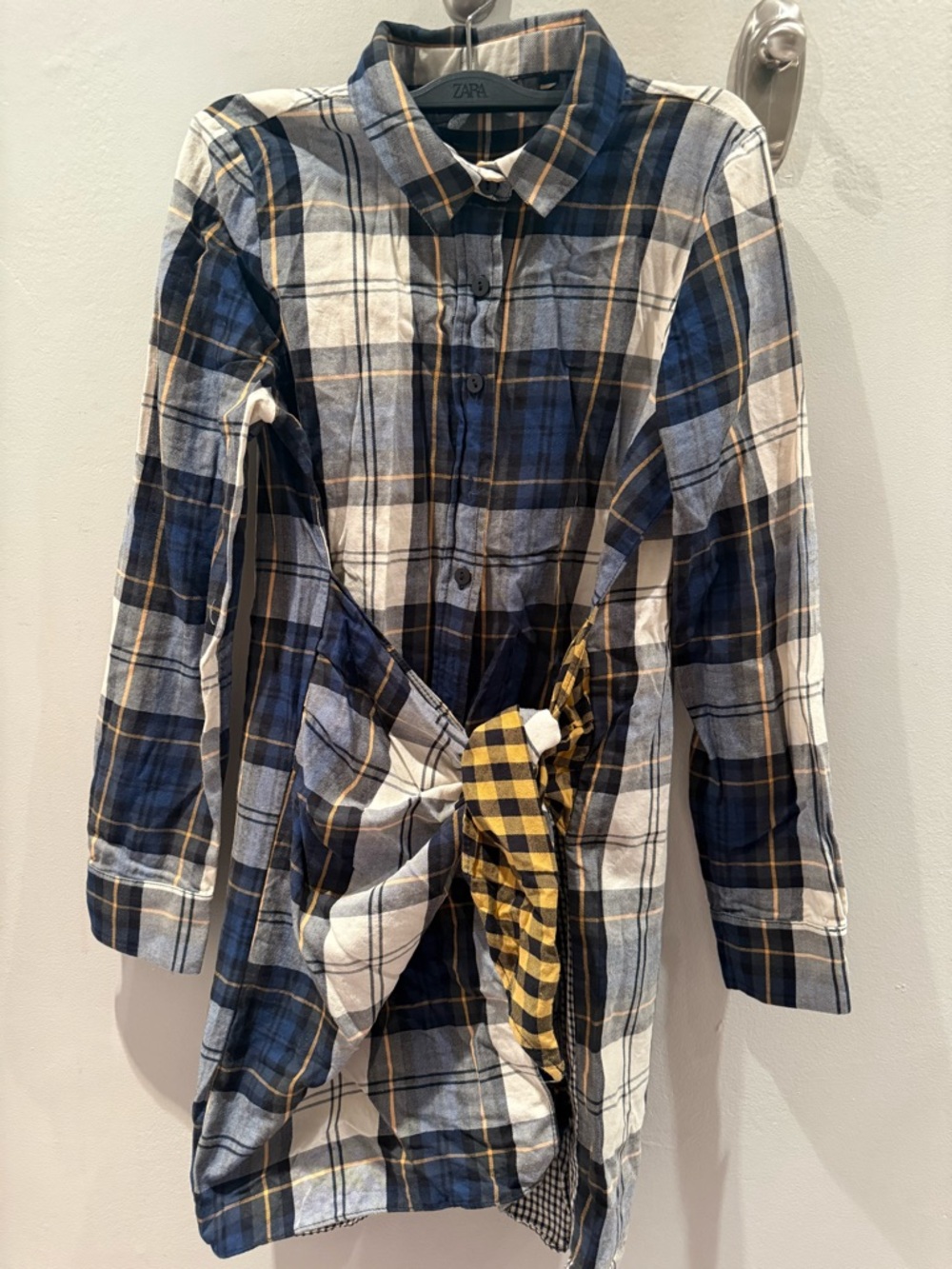 ZARA Navy, White & Yellow Plaid Button-Up Tunic with Front Tie